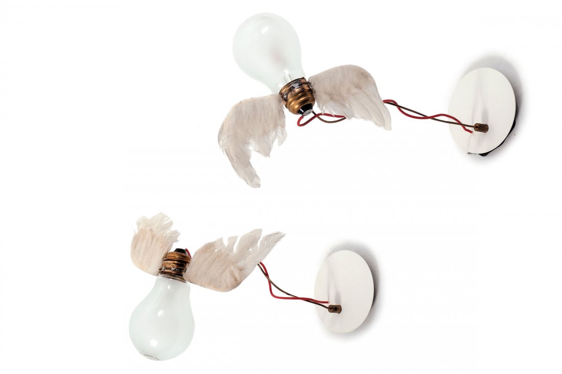'Lucellino' table light, 1992: Ingo Maurer. Two 'Lucellino' sconces, 1992. H. 26 cm. Made by Design M Ingo Maurer, Munich. Glass, brass, plastic, goose feathers.