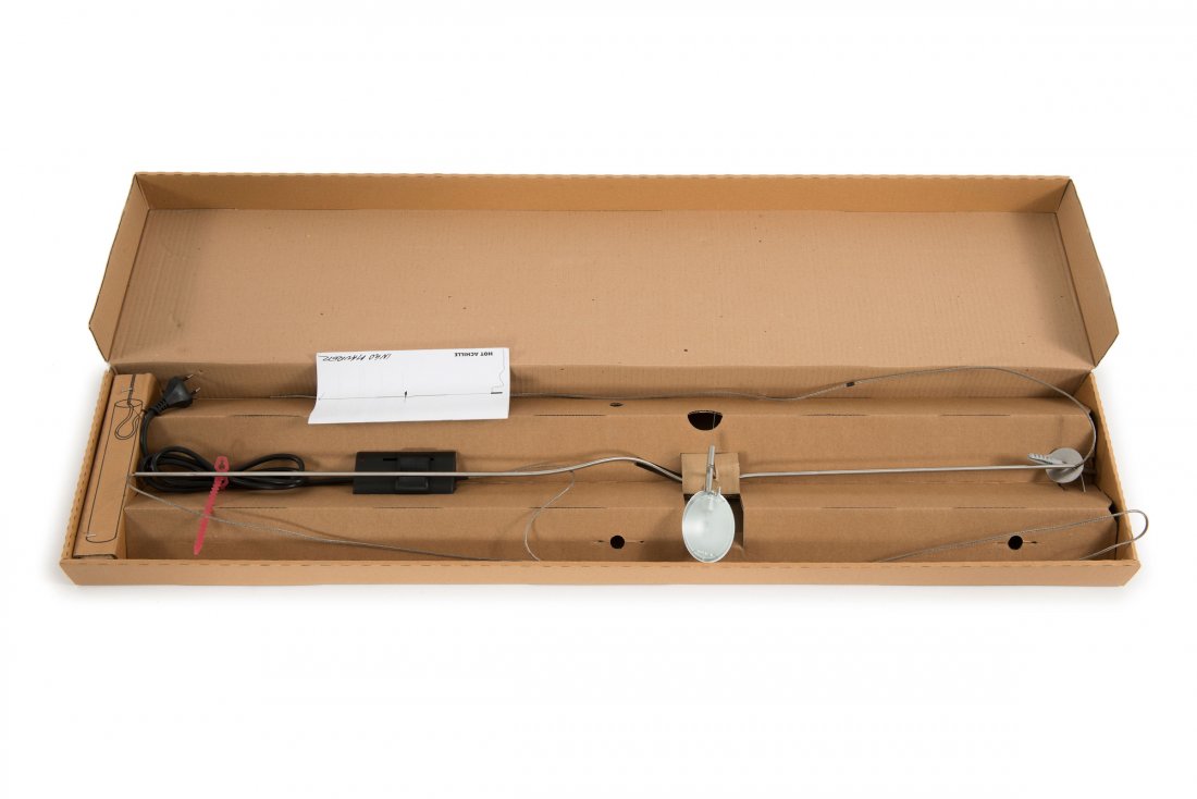 'Hot Achille' pendant light, 1994: Ingo Maurer & Team. 'Hot Achille' pendant light, 1994. H. 100 cm, L. 26 cm (appr.). Made by Design M Ingo Maurer, Munich. Stainless steel, aluminium, protected glass, coaxial cable.