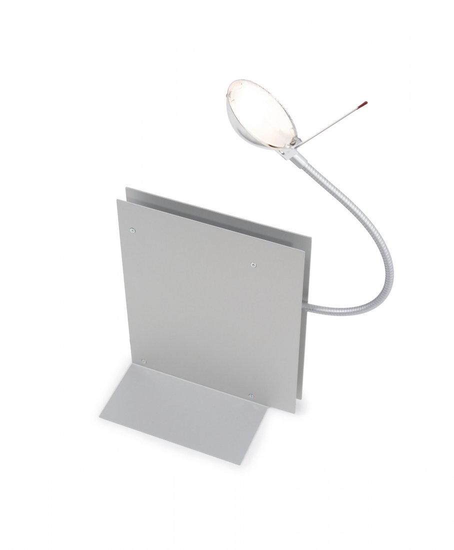 'Oskar' bookshelf light, 1998: Ingo Maurer. 'Oskar' bookshelf light, 1998. H. 42 x 19 x 18 cm. Made by Design M Ingo Maurer, Munich. Sheet aluminium, flexible tube. Marked: Maker's label.