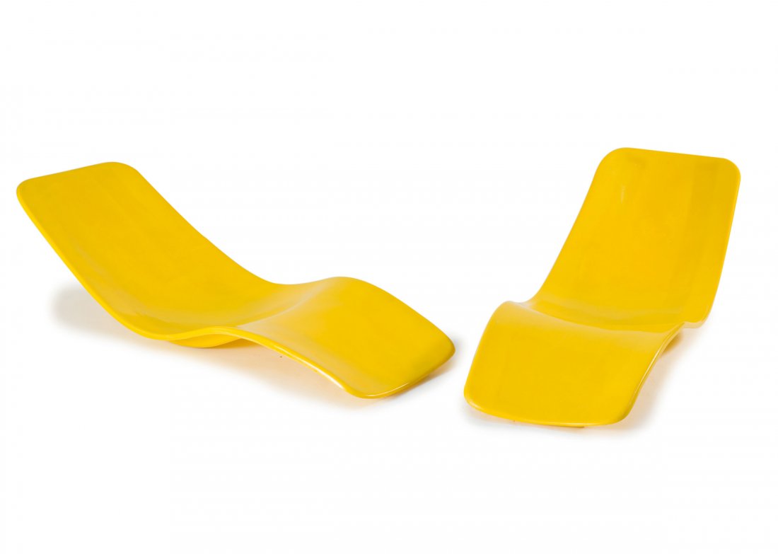 Two lounge chairs, c1970: Charles Zublena. Two lounge chairs, c1970. H. 45 x 60 x 168 cm. Made by Plastique de Bourgogne (attributed). yellow plastic, reinforced with Fiberglas.