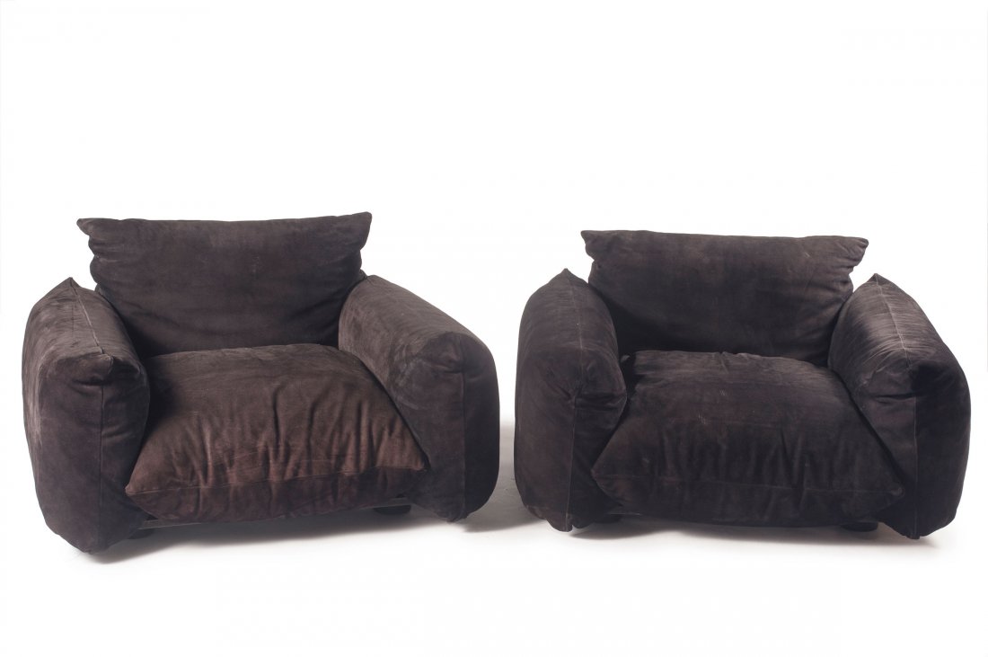 Two 'Marenco' easy chairs, 1974: Mario Marenco. Two 'Marenco' easy chairs, 1974. H. 66 x 109 x 104 cm. Made by Arflex, Milan. Wood, tubular steel, painted black, brown/black suede.