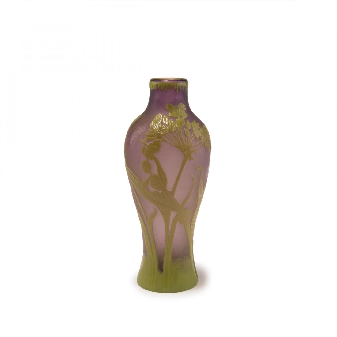 'Euphorbe' vase, 1900-02: Christian Freres et fils, Meisenthal. 'Euphorbe' vase, 1900-02. H. 25.7 cm. Cased glass, purple, clear and opal green. Etched pattern, worked with the wheel. Umbels of snow-of-the-mountain at sunset. 