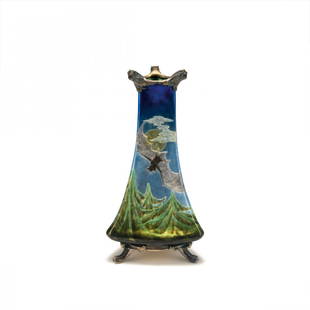 'La Nuit' vase, model for the Paris World Fair, 1900: Eugene Feuillatre, Paris. 'La Nuit' vase, model for the Paris World Fair 1900. H. 24.6 cm. Silver, engraved, polychromatic enamel. Night landscape with pines in moonlight, two flying bats in the sky.