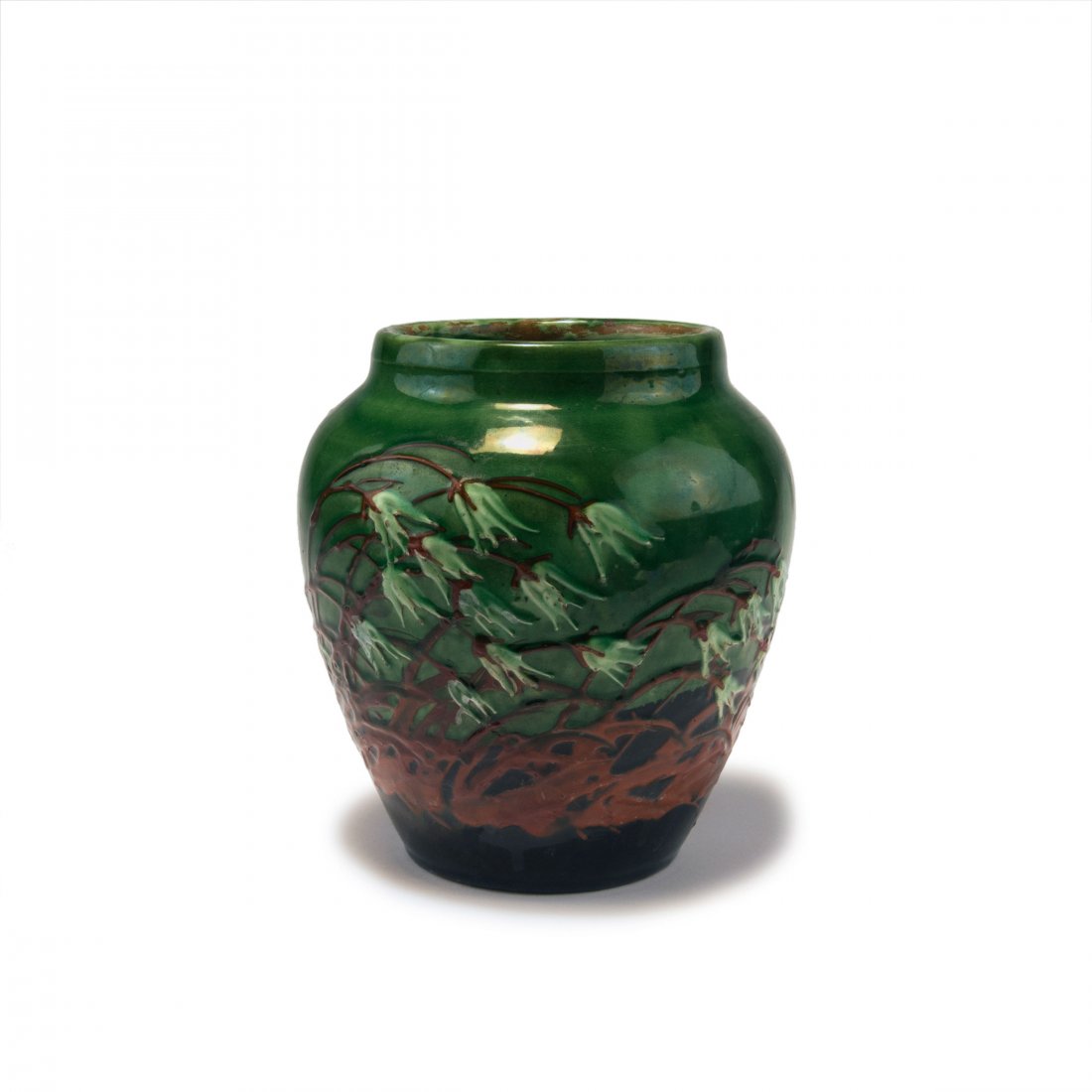 'Bellflowers' vase, c1897: Max Laeuger, Kandern. 'Bellflowers' vase, c1897. H. 17.2 cm. Majolica, glazed green and dark blue on white, slip glaze, brown and whitish-green. Marked: MLK GESETZL. GESCHZT, MUSTER GESETZL. GESCHTZT,