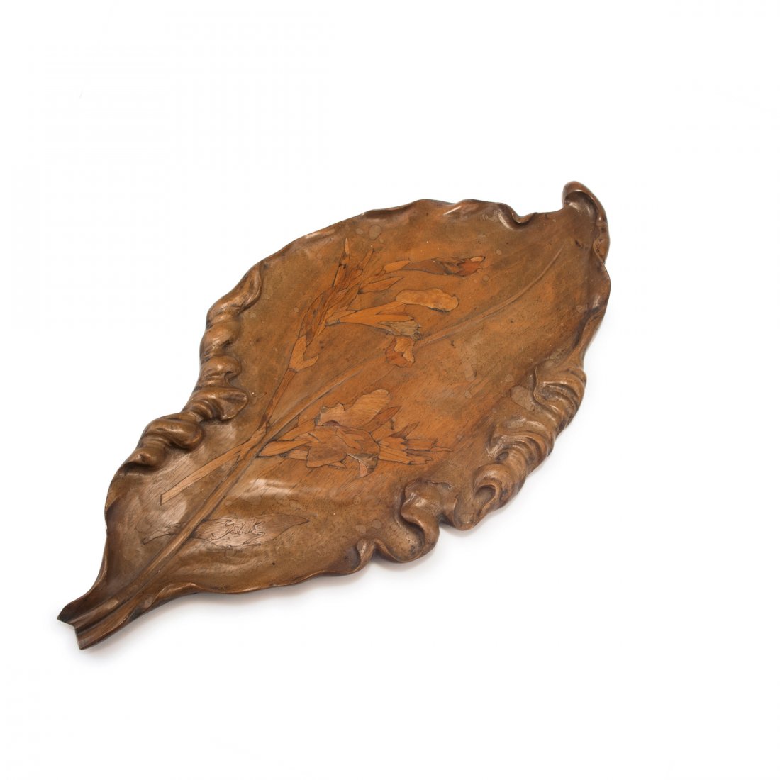 Tray, c1905: Emile Galle, Nancy. Tray, c1905. 62.8 x 29.5 cm. Carved nutwood; inlaid pattern of different kinds of exotic timbers. Signed: Galle.