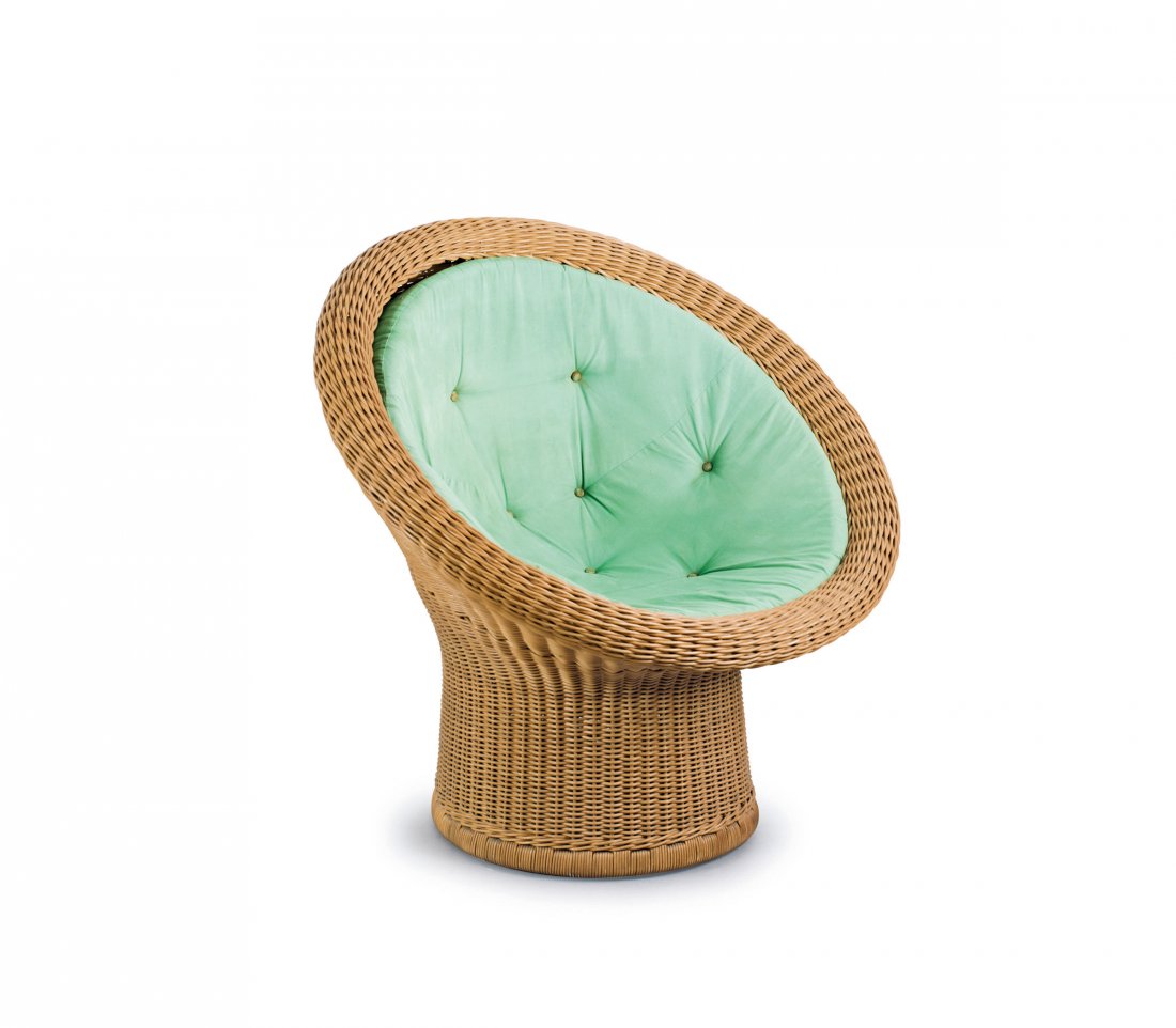 'E 11' wicker chair, 1967/68: Egon Eiermann. 'E 11' wicker chair, 1967/68. H. 84.5 x 86.5 x 83 cm. Made by Heinrich Murmann, Johannisthal. Wickerwork, green fabric cushion.