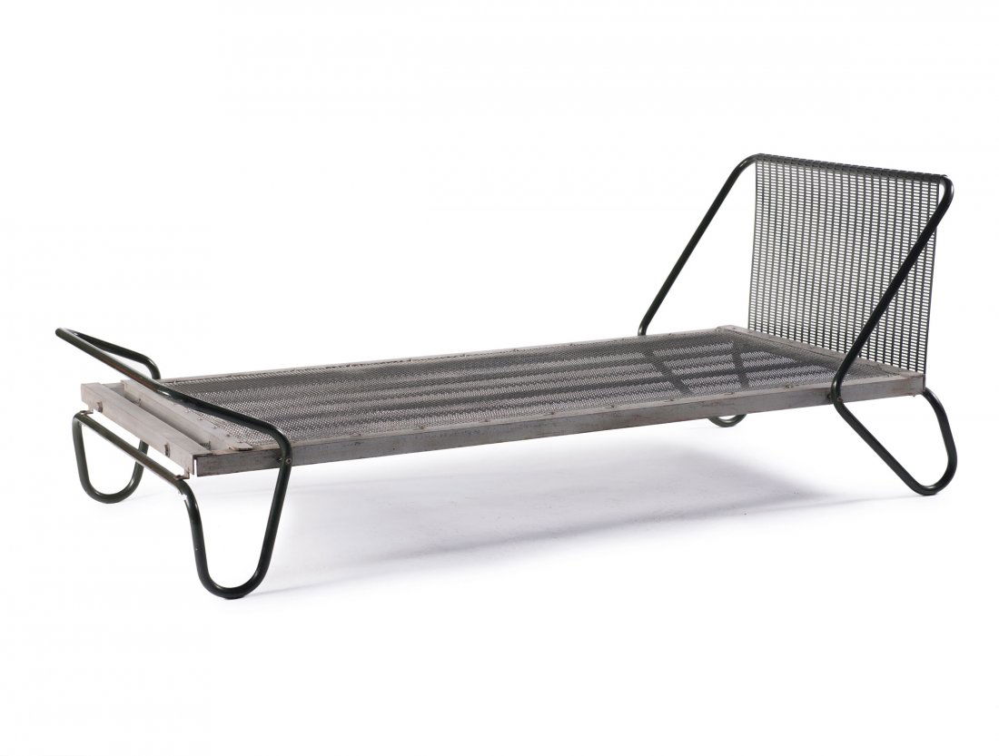 'Miami' bed, 1952: Jacques Hitier. 'Miami' bed, 1952. H. 80 x 203 x 97 cm. Made by Tubauto, France. Tubular steel and perforated metal sheet, painted dark green, sheet metal, metal wire.