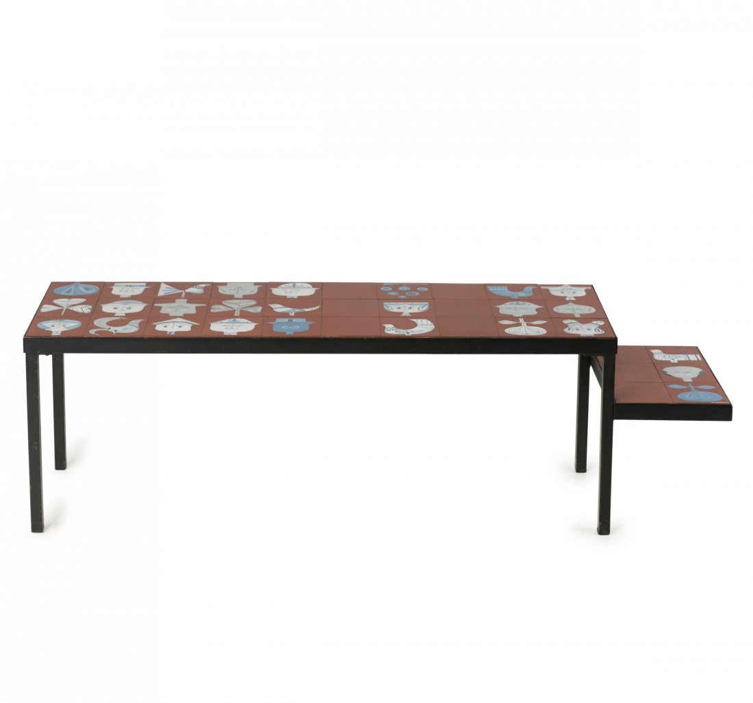Occasional table, c1955: Roger Capron. Occasional table, c. 1955. H. 36 x 120 x 30.5 cm. Studio Roger Capron, Vallauris. Rectangular steel, painted black, glazed earthenware. Signed: R. CAPRON.