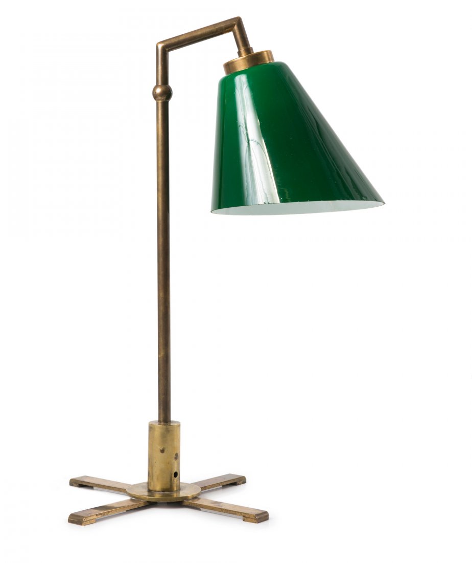 'B 29' table light, c1925: Frits Schlegel. 'B 29' table light, c1925. H. 60 cm, D. 21 cm. Made by Lyfa, Copenhagen. Cast brass, tubular brass, cased glass, opal white and dark green.
