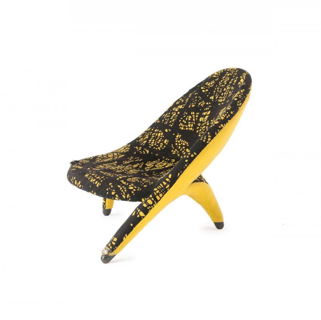 'Arabesk' chair, 1955: Folke Jansson. 'Arabesk' chair, 1955. H. 71 x 73 x 88 cm. Made by Jonas Ihreborn, Vaernamo. Tubular metal, wood, black/yellow fabric, wooden feet, painted black.