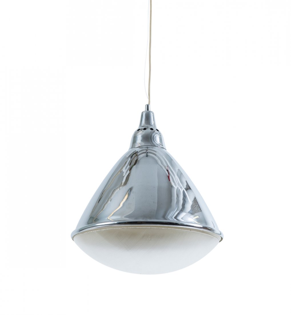 'Headlight' pendant light, 1968: Ingo Maurer. 'Headlight' ceiling light, 1968. H. 42.5 cm, D. 39 cm. Made by Design M Ingo Maurer, Munich. Chrome-plated sheet steel, clear plastic.