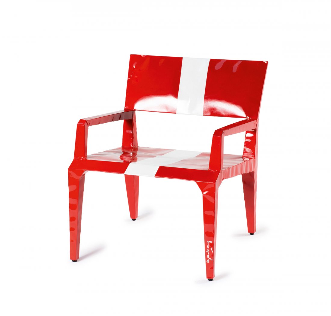 'Bugatti Racing Chair', 2009: Francois Azambourg. 'Bugatti Racing chair', 2009. H. 70 x 60 x 54 cm. Made by Cappellini, Arosio. Sheet metal injected with polyurethane foam, lacquered red and white, polished. Marked: right leg sign
