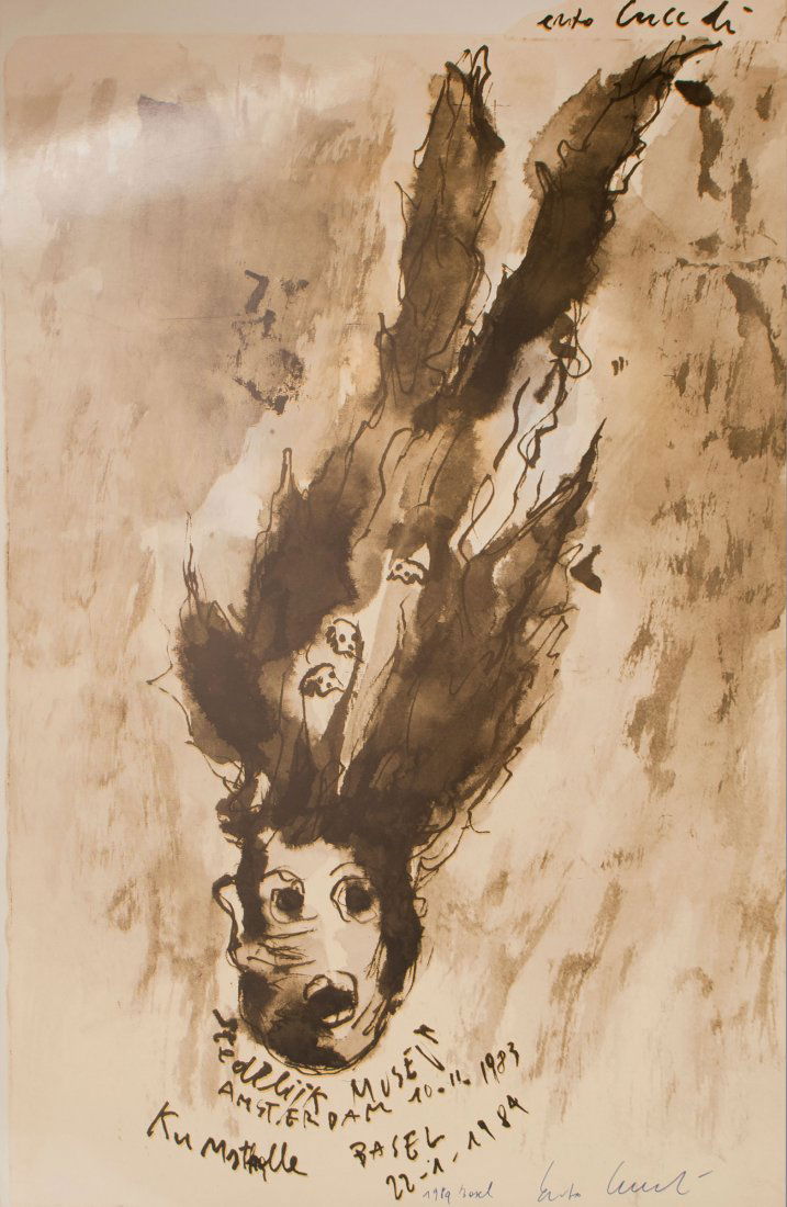 'Enzo Cucchi - Stedelijk Museum Amsterdam, 1983 -: Enzo Cucchi. 'Enzo Cucchi - Stedelijk Museum Amsterdam, 1983 - Kunsthalle Basel, 1984' poster, 1983 (print), 1984 (signature). Colour offset print on white offset cardboard. 97.5 x 75.0 cm (sheet). Si