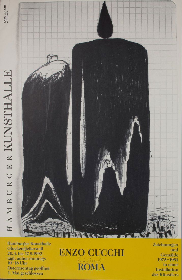 'Enzo Cucchi Roma - Hamburger Kunsthalle 1992' poster,: Enzo Cucchi. 'Enzo Cucchi Roma - Hamburger Kunsthalle 1992' poster, 1992. Offset print on white paper. 83.5 x 59.5 cm (sheet). Signed: Enzo Cucchi (black sharpie).