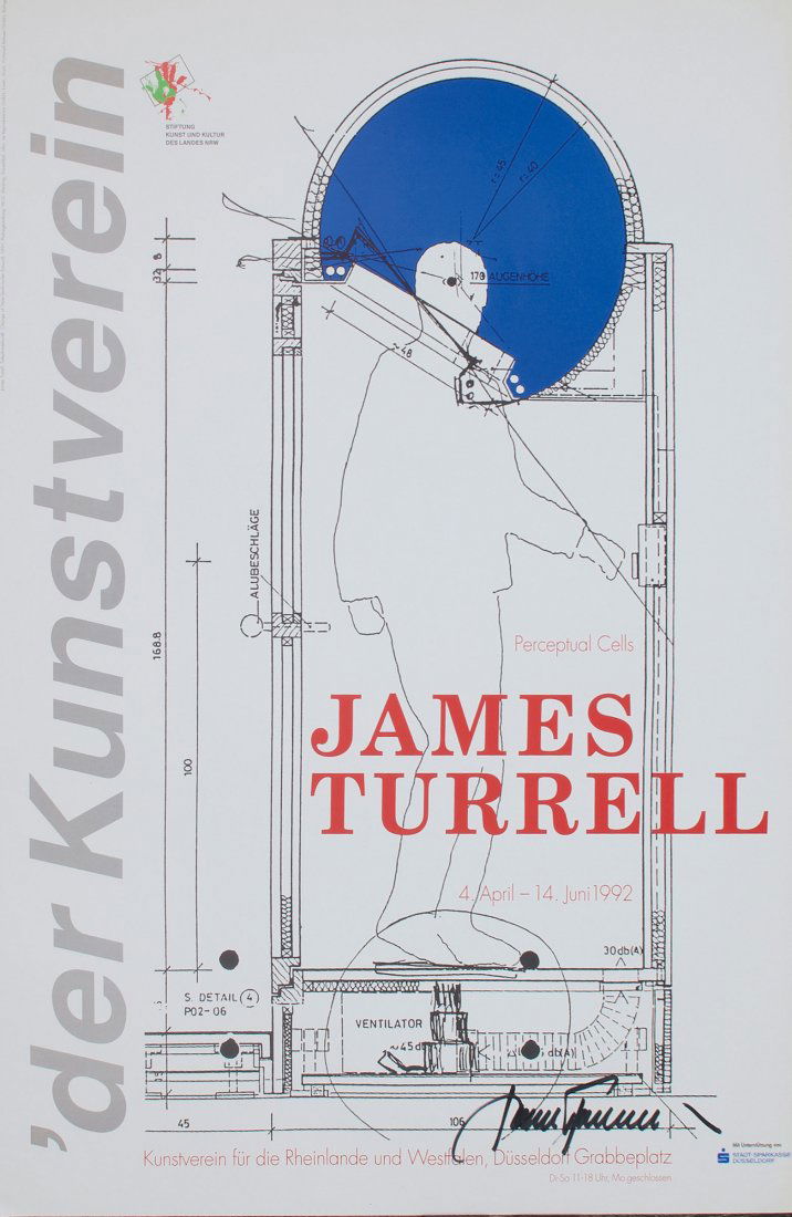 'James Turrell - Perceptual Cells' poster, 1992: James Turrell. 'James Turrell - Perceptual Cells' poster, 1992. Colour offset print on white paper. 84.5 x 59.9 cm (sheet). Signed lower right: James Turrell (black sharpie).