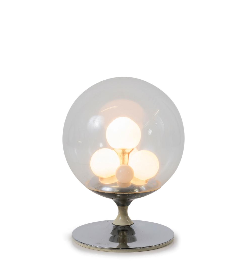 'Barbarella' table light, c1968: Angelo Brotto. 'Barbarella' table light, c1968. H. 46.5 cm, D. 35 cm. Made by Esperia, Poggibonsi. Chrome-plated sheet metal, shaft coated with white plastic, glass, clear, white and orange red.