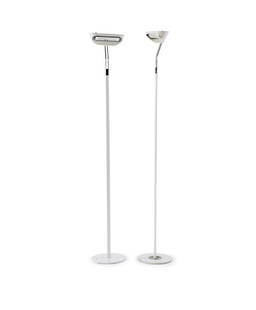 Two 'Gemma' floor lamps, c1977: Bruno Gecchelin. Two 'Gemma' floor lamps, c1977. H. 184 x 29.5 x 12 cm. Made by Oluce, Milan. Tubular metal, sheet metal, painted white, chrome-plated metal rods. Marked: Maker's label.