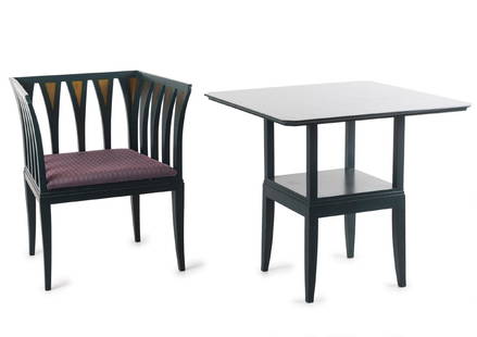 'Blue' bench, armchair and table, 1929: Eliel Saarinen. 'Blue' bench, armchair and table, 1929. Bench: H. 76.5 x 125 x 56 cm; chair: H. 76 x 65 x 56 cm; table: H. 71 x 76.5 x 76.5 cm. Made by Adelta Oy, Finland. Beech, painted petrol blue a