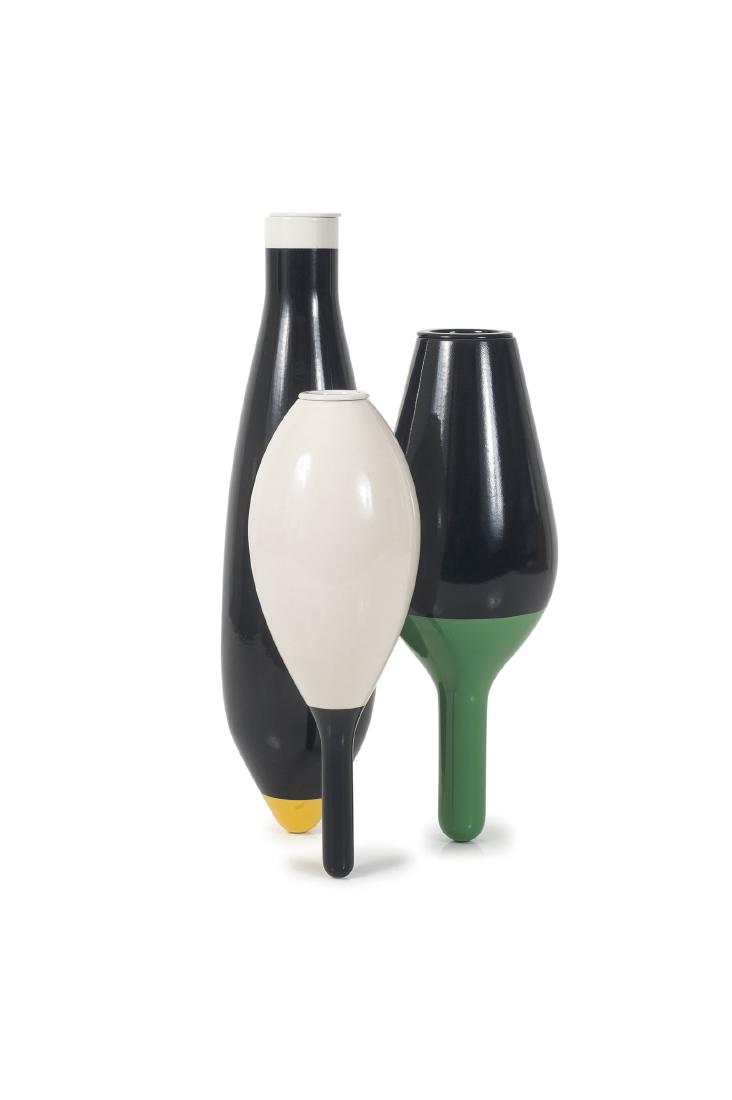 '3 Vases' vase from the Progetto Oggetto' series, 2008: Francois Azambourg. '3 Vases' vase from the Progetto Oggetto' series, 2008. H. 61 cm, D. 33 cm. Made by Cappellini, Milan. Earthenware, glazed black, white, green and yellow. Marked: Maker's label.
