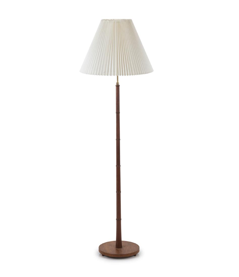 Floor lamp, c1955: Sweden. Floor lamp, c1955. H. 152 cm, D. 46 cm. Teak, white 'Le Klint' paper shade.