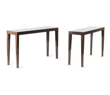 Two end tables, 1970s: Jules Wabbes (attributed). Two end tables, 1970s. H. 74.5 x 120 x 35 cm. Made by Mobilier Universel, Brussels (attributed). Chipboard, Zebrano plastic laminate, clear lacquer.