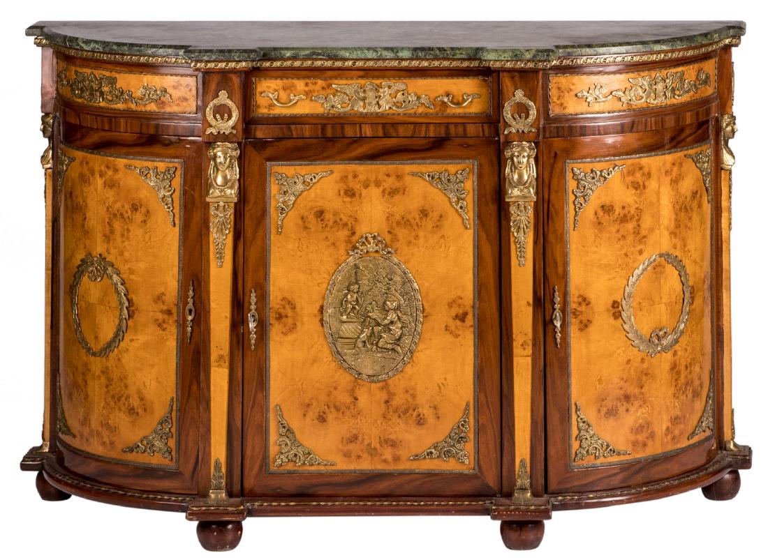 A neoclassical commode, mahogany and burr wood: A neoclassical commode, mahogany and burr wood veneered, bronze mounts and vert de mer marble top, in the manner of De Coene - Courtrai, H 97 - W 151 - D 51,5 cm