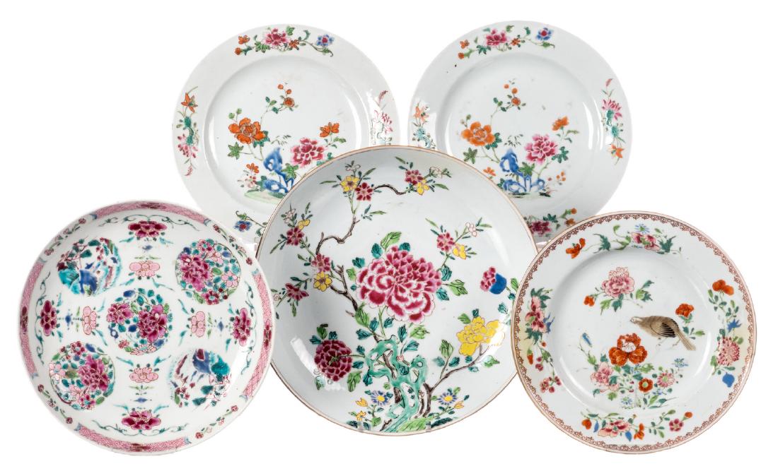 Three Chinese famille rose dishes and two ditto plates, (1 of 20)