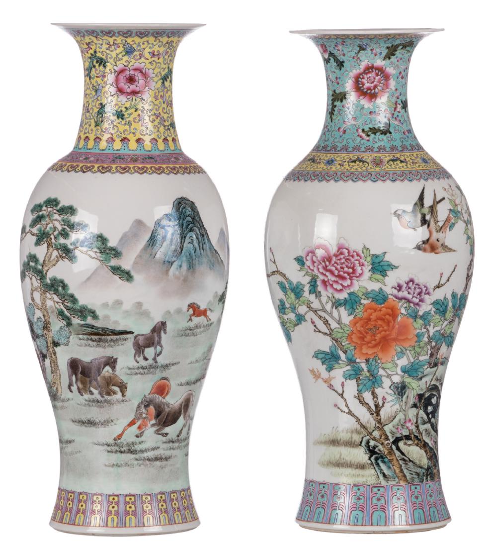 Two Chinese polychrome vases, decorated with horse in a (1 of 6)