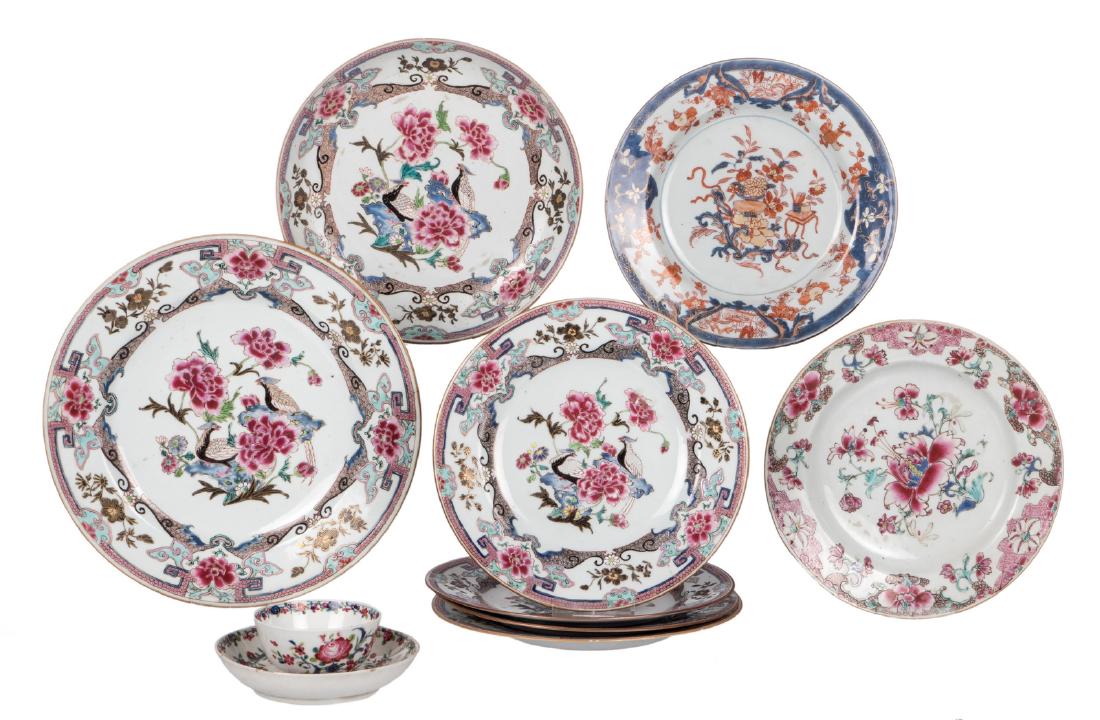 Seven Chinese famille rose floral decorated dishes, (1 of 13)