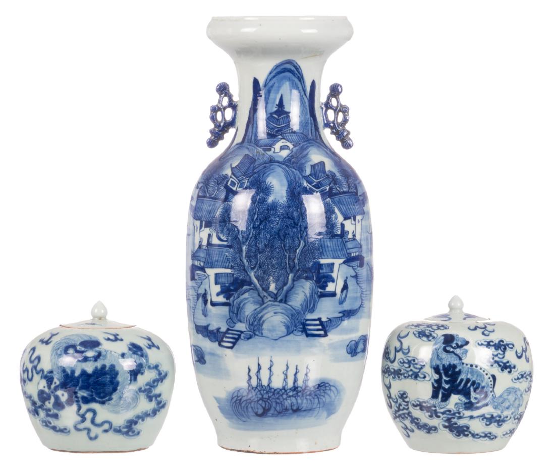 A Chinese celadon ground blue and white vase, decorated (1 of 20)