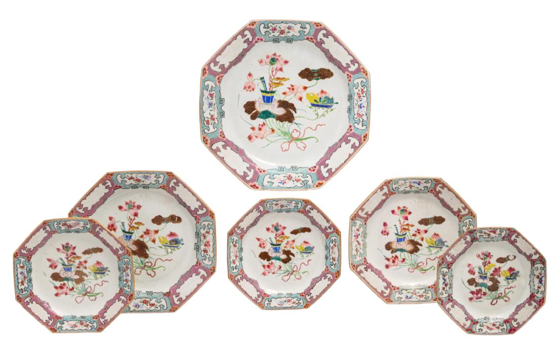 A set of six Chinese famille rose octogonal plates and (1 of 5)