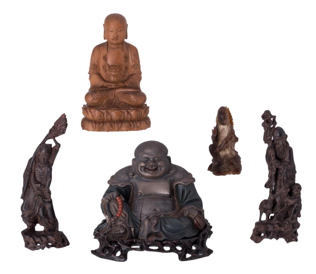 Four Chinese carved wooden figures, depicting a Buddha, (1 of 14)