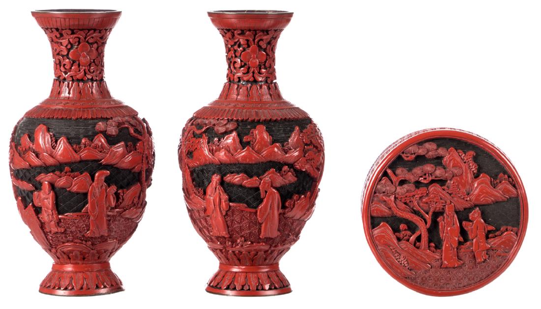 A pair of Chinese red lacquer vases, overall decorated (1 of 7)