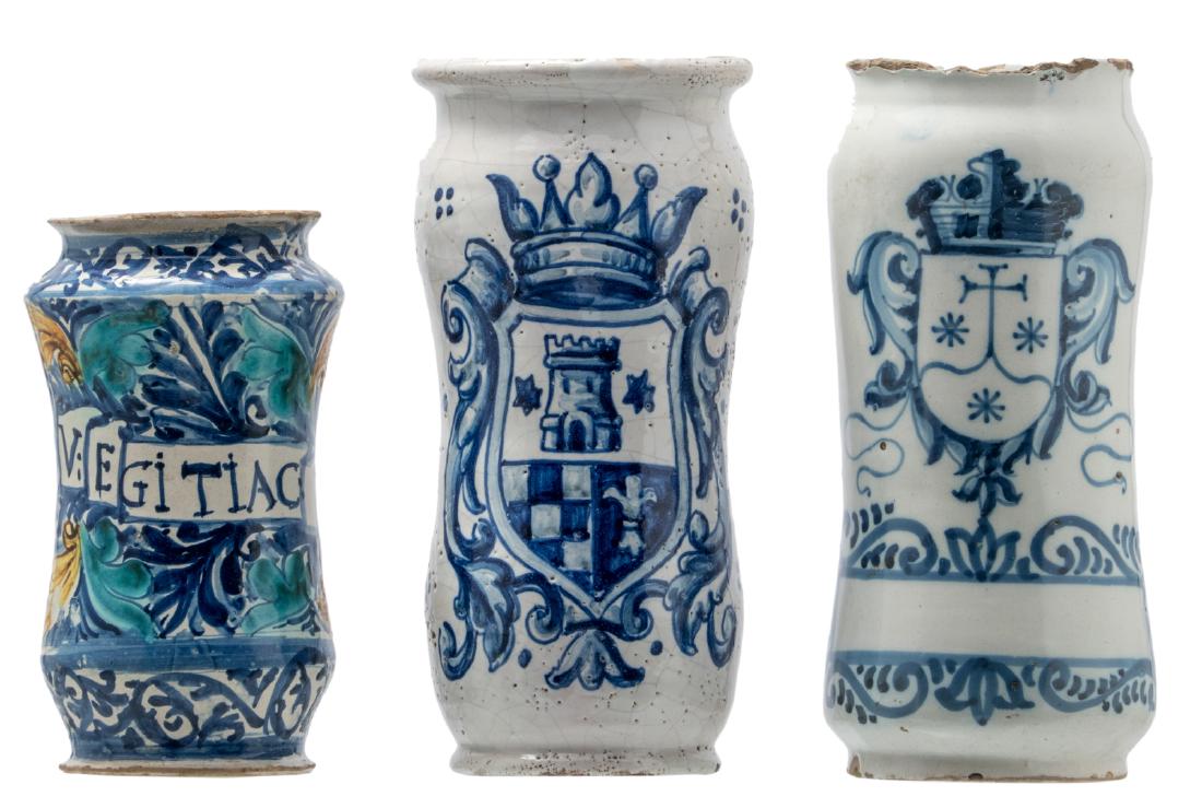 A 17thC Italian polychrome decorated majolica albarello; (1 of 6)