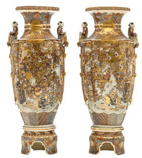 A fine pair of Japanese Satsuma and relief decorated: A fine pair of Japanese Satsuma and relief decorated vases on ditto soccles, late Edo period, H 93 (without soccle) - 113Â cm (with soccle)Â Â