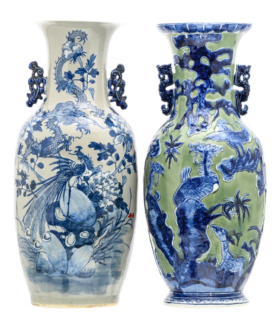 A Chinese grey celadon ground blue and white floral (1 of 6)