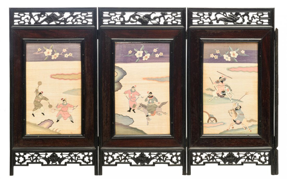 A Chinese carved hardwood kesi silk four panel screen, (1 of 6)