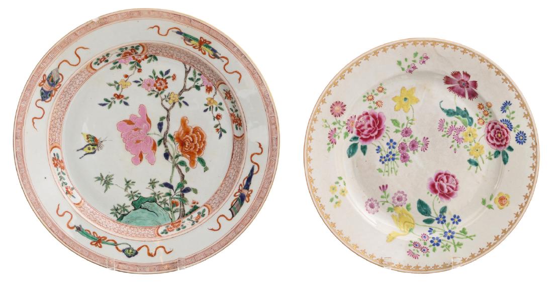 Two Chinese 18thC famille rose plates decorated with (1 of 4)