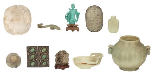 A various Chinese stone carvings, including jade, 19th: A various Chinese stone carvings, including jade, 19th and 20thC; added a Chinese silver belt buckle with semi-precious stones inlay, H 1,5 - 9 cm