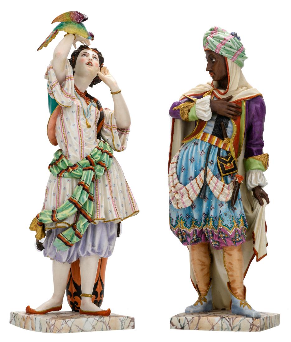 A polychrome decorated biscuit Moorish couple, marked: A polychrome decorated biscuit Moorish couple, marked J.G. (Jean Gille - Paris - active 1840-1868), second half of the 19thC, H 47 - 49 cm