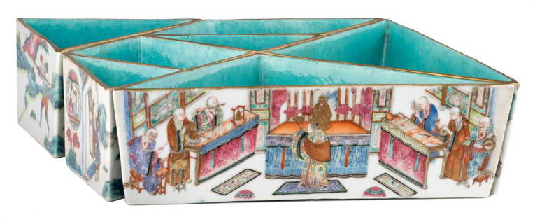 A seven piece set of Chinese famille rose and turquoise: A seven piece set of Chinese famille rose and turquoise porcelain tangram condiment dishes, decorated with various scenes, marked Xianfeng and period, H 7,7 - 27 x 27,5 cm