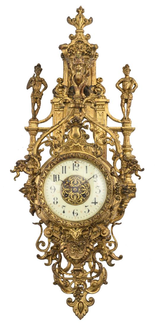 A gilt bronze Renaissance revival interwar period wall: A gilt bronze Renaissance revival interwar period wall clock, H 80 cm