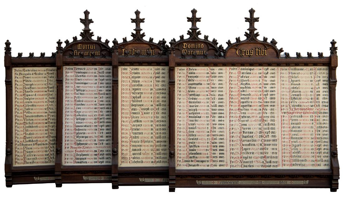 Four Gothic revival panels with an overview of the: Four Gothic revival panels with an overview of the deceased brothers of the Bruges Xaverian Order in the period 1846 - 1941, 163 x 180 cm (x4)