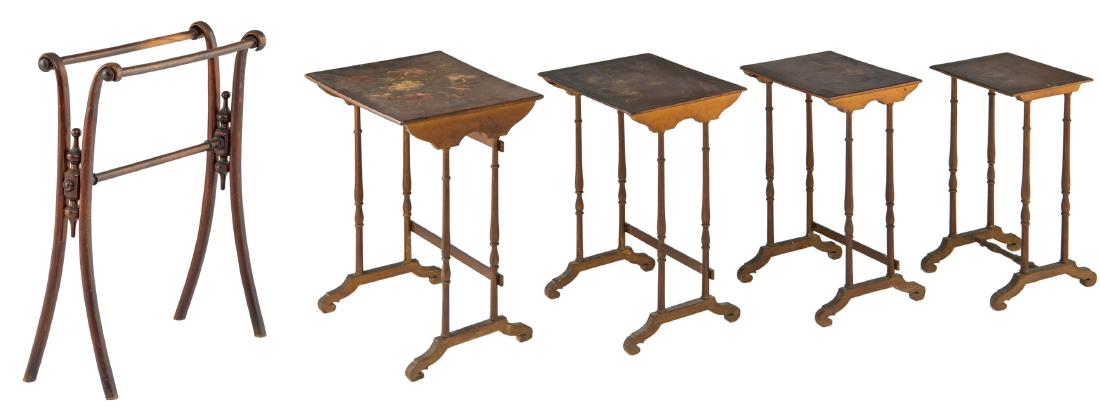 A Historism set of nesting tables with floral painted: A Historism set of nesting tables with floral painted top; added a Historism towel rack, H 65 - 81 cm