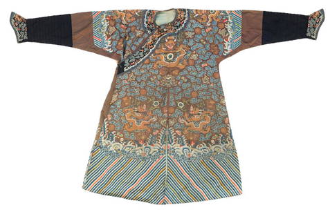 A Chinese Imperial brownish ground silk and gold thread: A Chinese Imperial brownish ground silk and gold thread robe, embroidered with five clawed dragons chasing flaming pearls amongst clouds and Buddhist emblems, Qing dynasty, H 145 - W 230 cm
