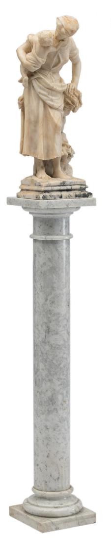 No visible signature, a mother and child, alabaster on: No visible signature, a mother and child, alabaster on a white/grey marble base, H 57 cm (without base) - 162 cm (with base)