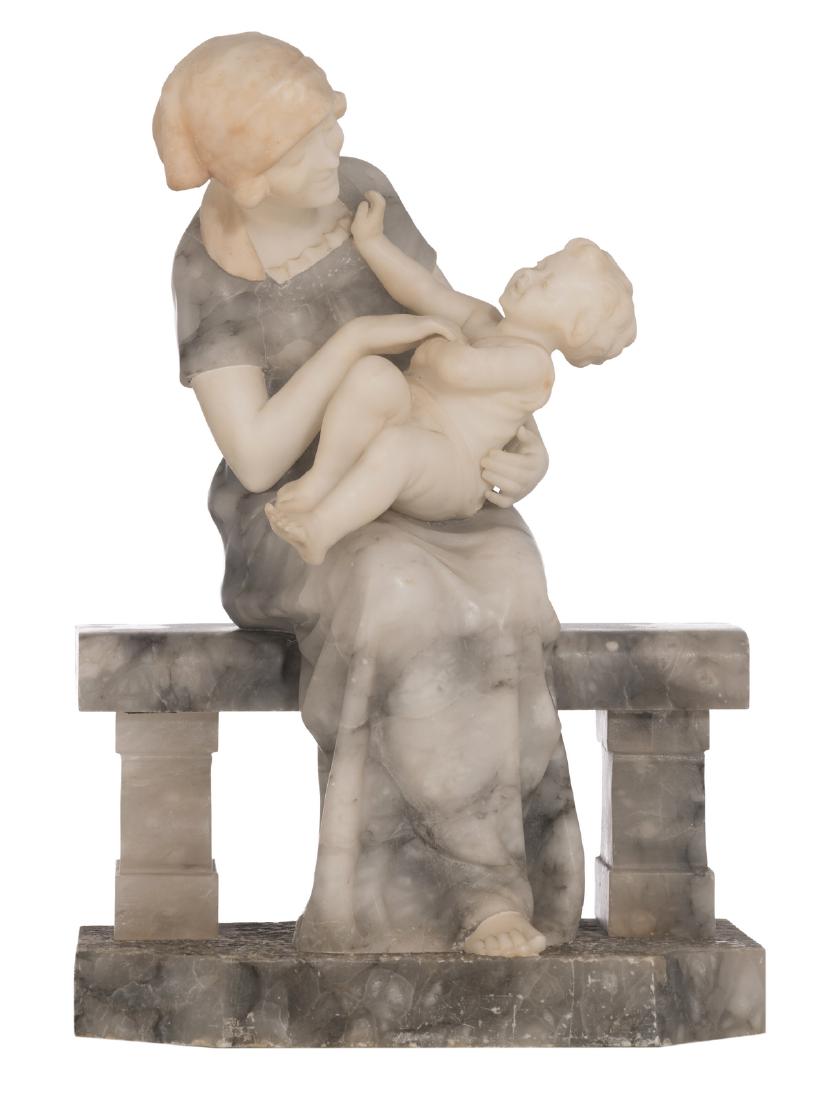 Gossin L., mother and child, white marble and grey: Gossin L., mother and child, white marble and grey alabaster, H 47 cm