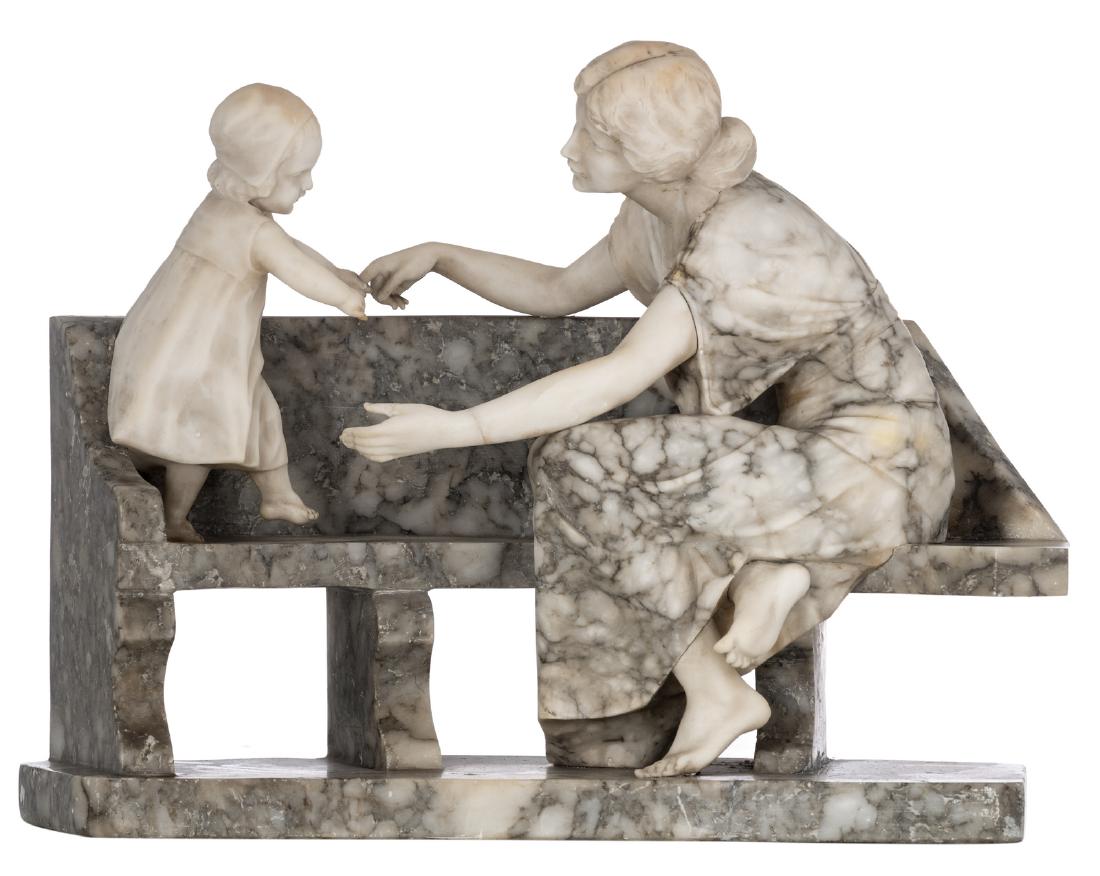Pugi, 'maternite' (a mother and child on a bench),: Pugi, 'maternite' (a mother and child on a bench), white Carrara marble and Persian grey alabaster, about 1920, H 47 - W 60 - D 27 cm