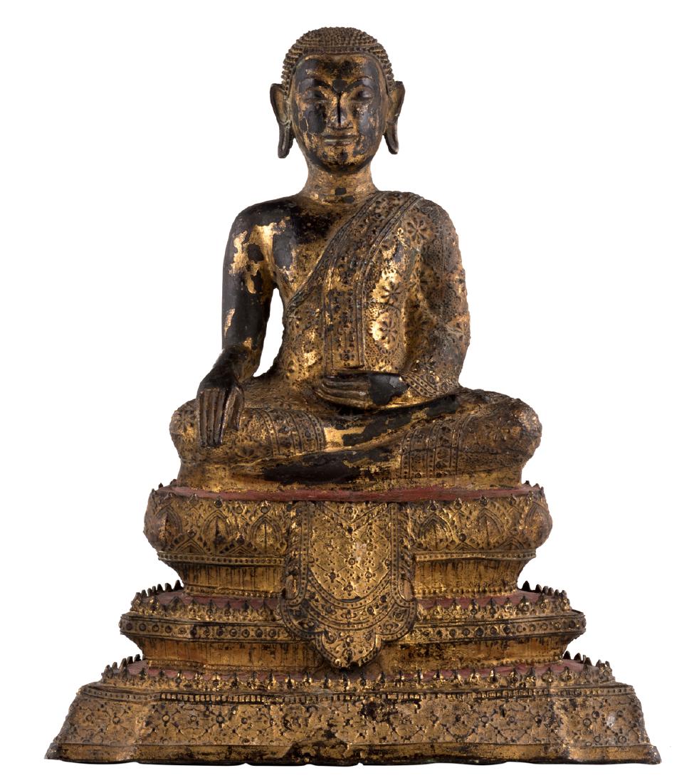 A Thai gilt bronze seated Buddha on a three level base, (1 of 5)