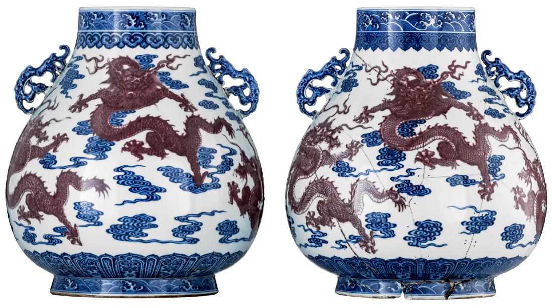 A near pair of Chinese cobalt blue and copper red Hu (1 of 6)